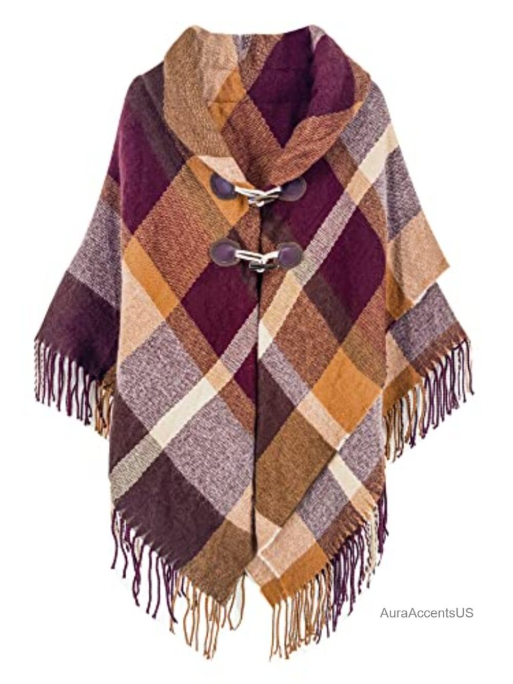 Womens Plaid Shawl Wrap Open Front Poncho Cape Fall Winter Tassel Acrylic